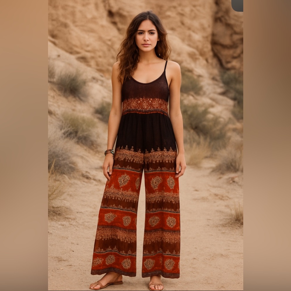 Free People Women’s Sheer Boho Aboriginal Beach‎ Cover Summer Jumpsuit Size S